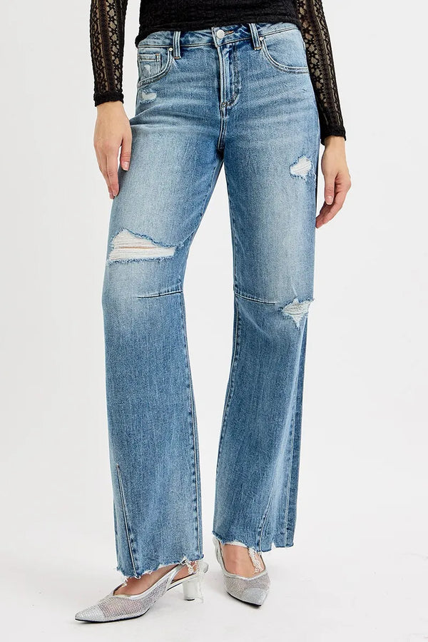 RISEN Mid-Rise Wide Baggy Leg Tie-Washed Jeans (Plus Size)