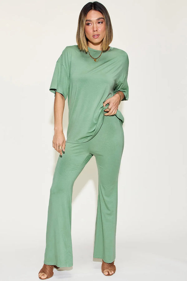 Black Flare Pants & Drop Shoulder Tee Two-Piece Bamboo Set