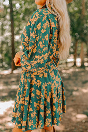 Green Floral Mini Dress with shirt collar and button details