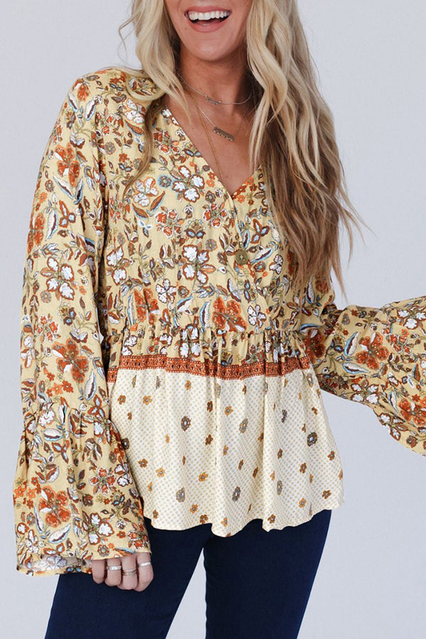 Yellow Floral Bell Sleeve V-Neck Peplum Blouse