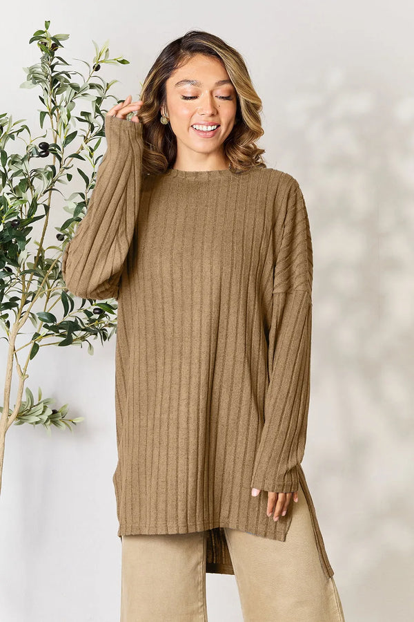 Ribbed Round Neck Long Sleeve Slit Top in Black - Plus Size