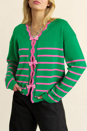 Green Stripe Bow Detail Knit Cardigan with front bow and colorblock stripes