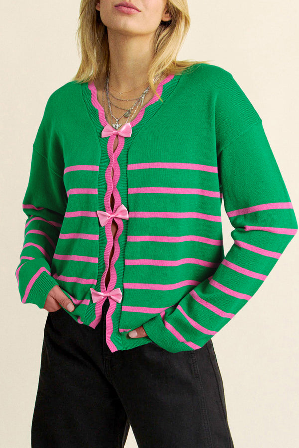 Green Stripe Bow Detail Knit Cardigan