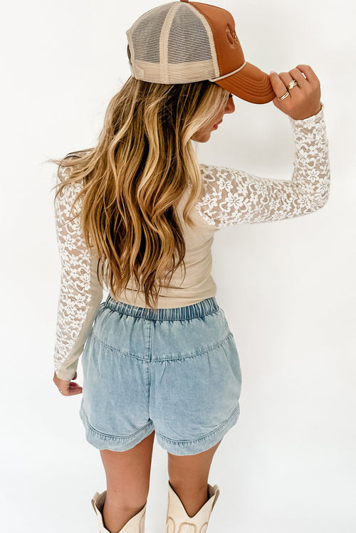 Beige Floral Lace Long Sleeve High Neck Slim Top