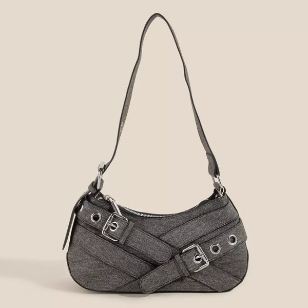 Denim Fame Belt Accent Black Shoulder Bag