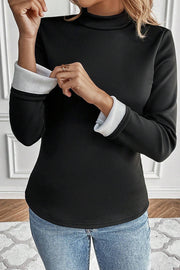 Black mock neck long sleeve tee with stretchy 90% polyester fabric