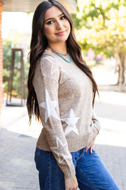 Khaki knit sweater with soft round neck and regular drop shoulder fit