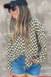 Green Checkerboard Drop Shoulder Shirt with full button front and shirt collar