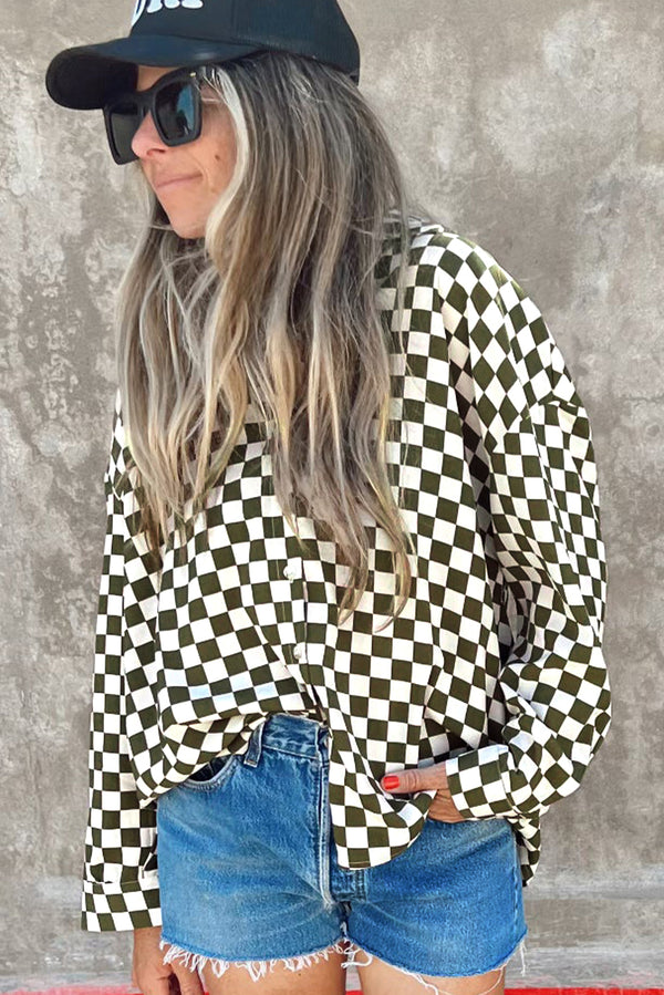 Green Checkerboard Cotton Long Sleeve Shirt — Drop-Shoulder Loose Fit