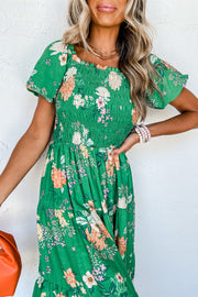 Smocked tiered midi dress with rick rack detail trim