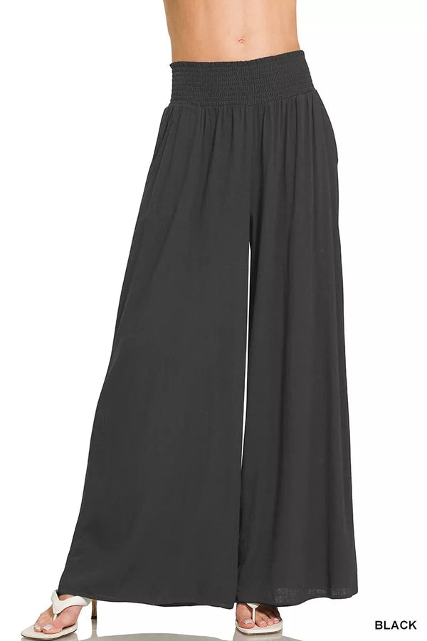 Black Smocked Waistband Wide Leg Lounge Pants
