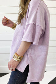 Orchid Petal drop sleeve tee showing raw-edge patchwork detailing and split hem