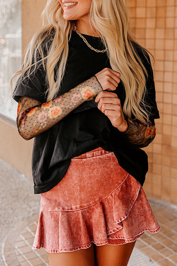 White Faux Two-Piece Floral Long Sleeve Patchwork Top