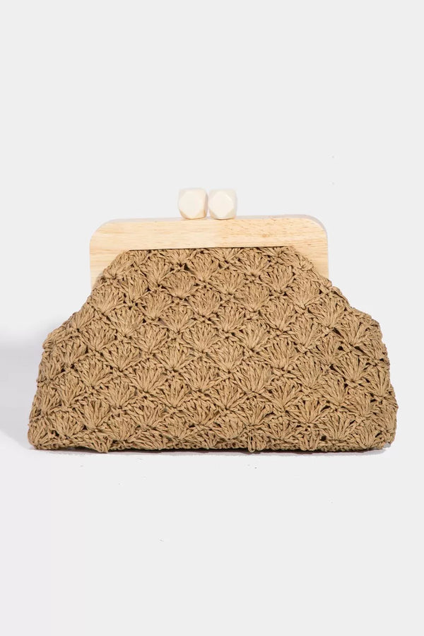 Fame Straw Braided Wooden Frame Bag Clutch
