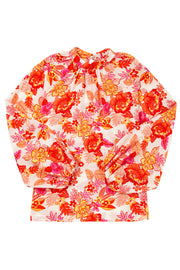 Stand mock neckline on orange floral daily blouse