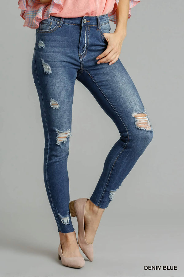 High-Waisted Distressed Skinny Jeans with Pockets — Medium Blue