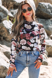 Pink Floral Mesh Mock Neck Slim Top with sheer long sleeves