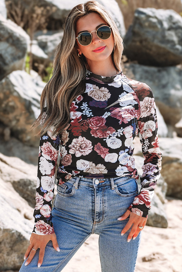 Pink Floral Mesh Mock Neck Long Sleeve Slim Top