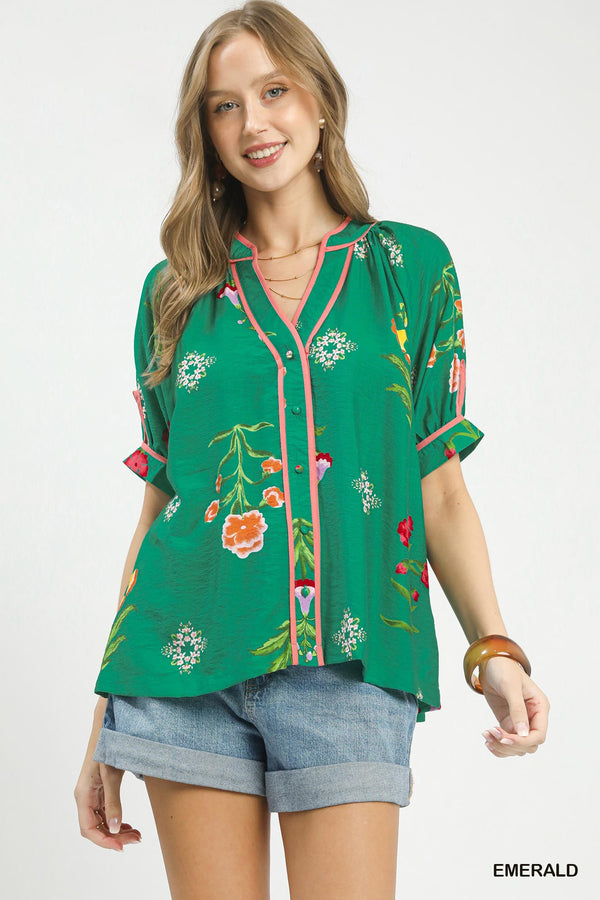 Botanical Print Contrast Trim Button-Up Blouse for Women