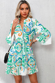 White tribal print bracelet sleeve mini dress with buttoned front