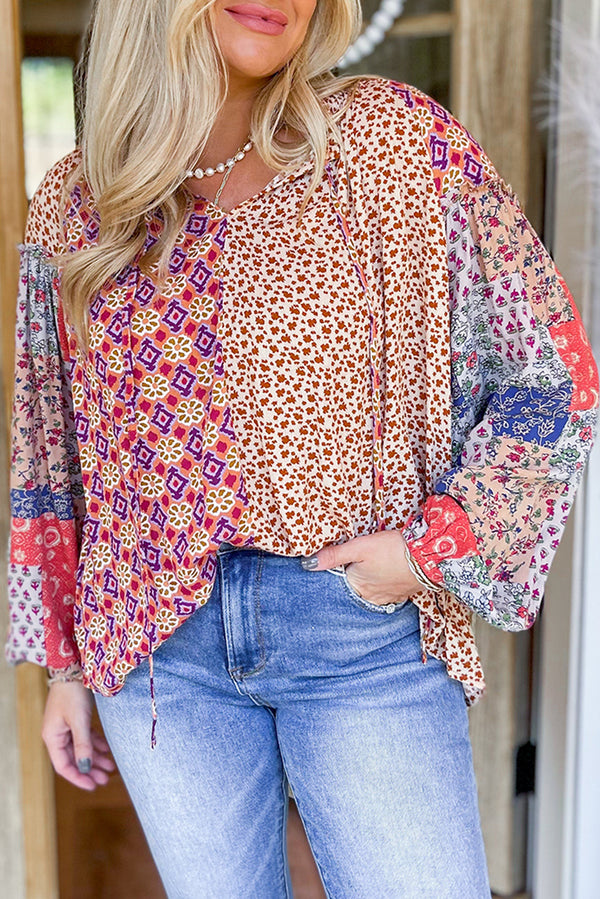 Pink Floral Long Sleeve Tie V-Neck Blouse