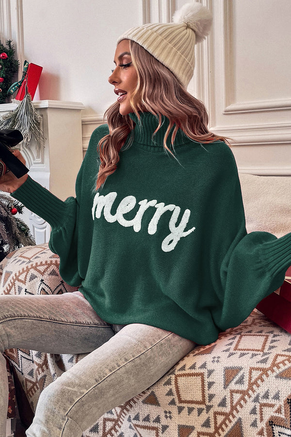 Womens Christmas Sweater — Blackish Green 'Merry' Embroidered High Neck Knit