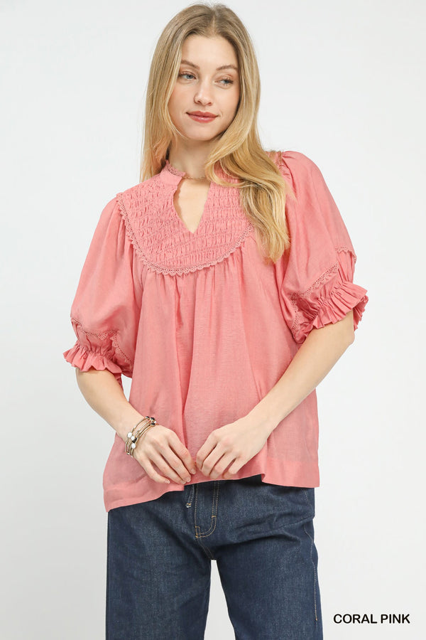 Smocked Yoke Blouse with Ruffle Sleeves & Split V-Neck