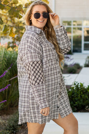 Loose H-line tunic shirt dress with button-up front and plaid stripe print