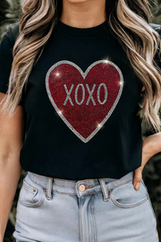 Black XOXO Heart Rhinestone Crewneck Tee in relaxed shift silhouette