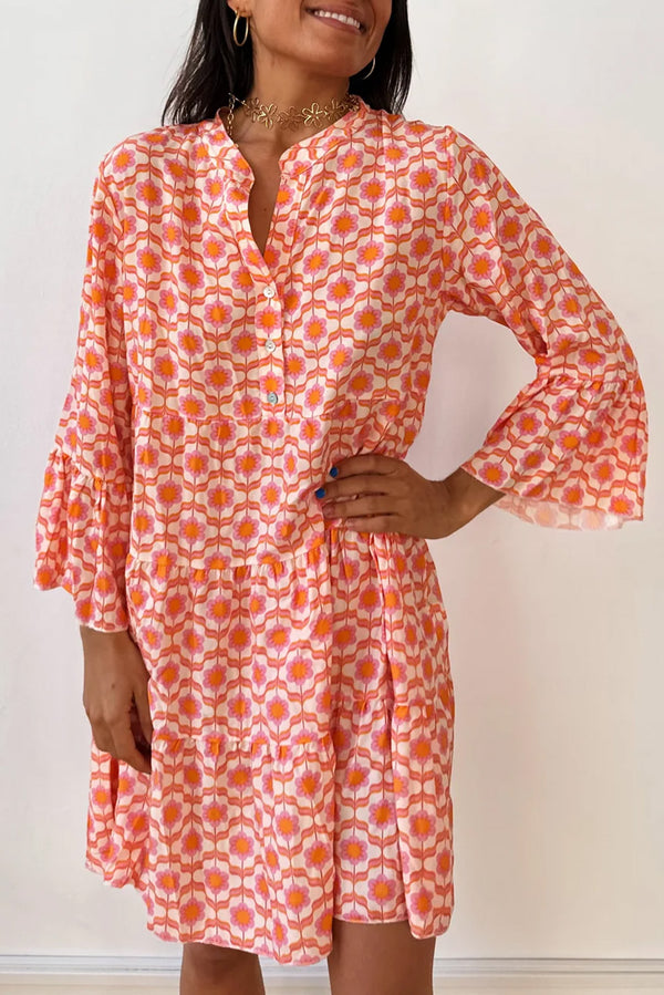 Orange Floral Flounce Sleeve Buttoned Mini Dress