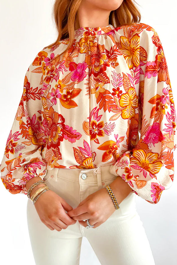 Orange Floral Pearl Button Keyhole Puff Sleeve Blouse