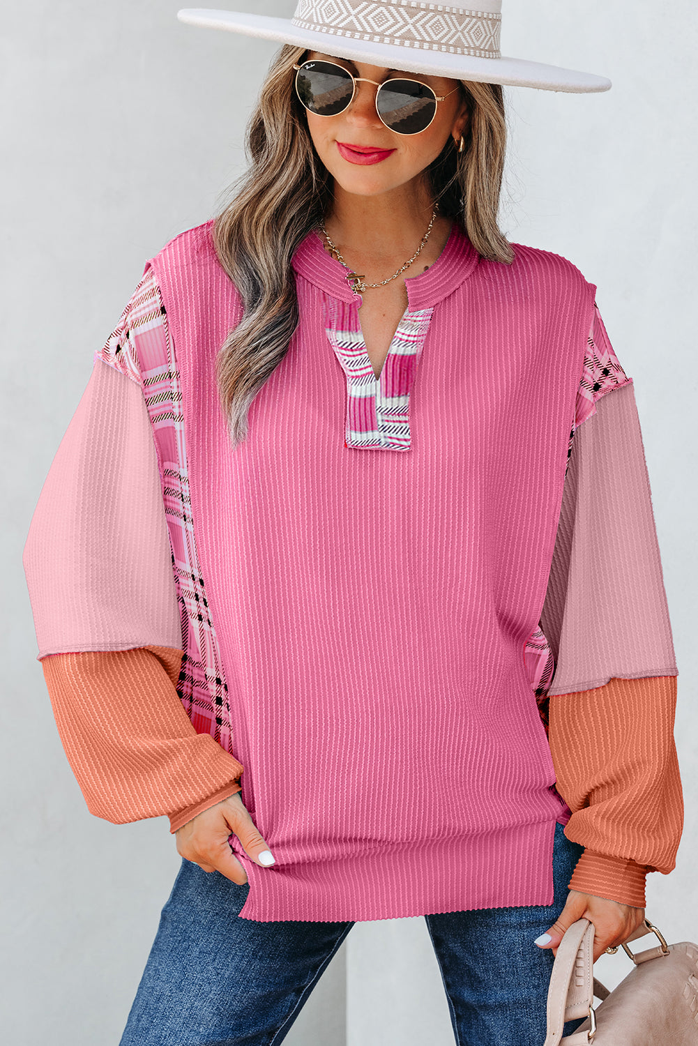 Aruba Blue Corded Texture Colorblock Patchwork Split Neck Long Sleeve Top