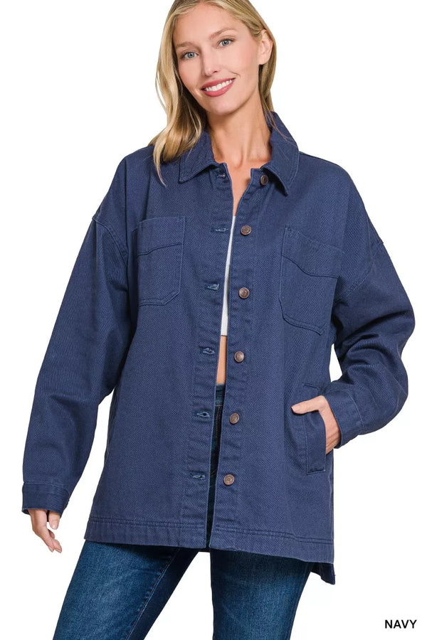 Womens Shacket Jacket — Oversized Collared Button-Front Cotton