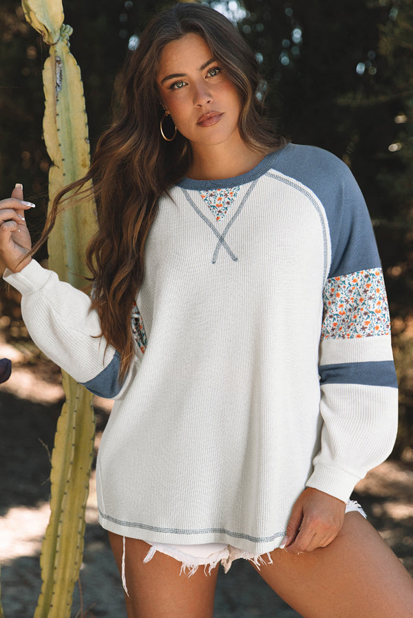White Floral Patchwork Waffle Knit Raglan Long Sleeve Top