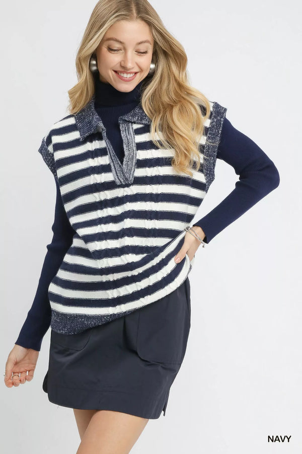 Cable Knit Collared Striped Sweater Vest