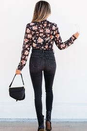 Slim fit black floral mesh top with high mock neck