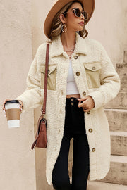 Single-breasted teddy coat with button front and turn-down collar
