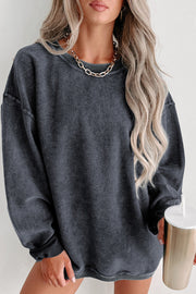 Gray ribbed knit round neck pullover sweatshirt in a relaxed fit