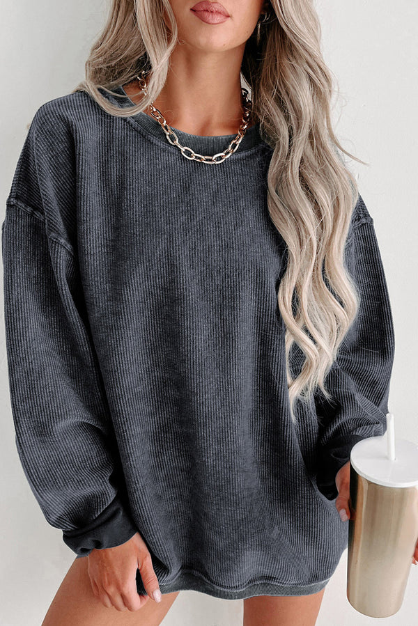 Gray Ribbed Knit Round Neck Pullover Sweatshirt