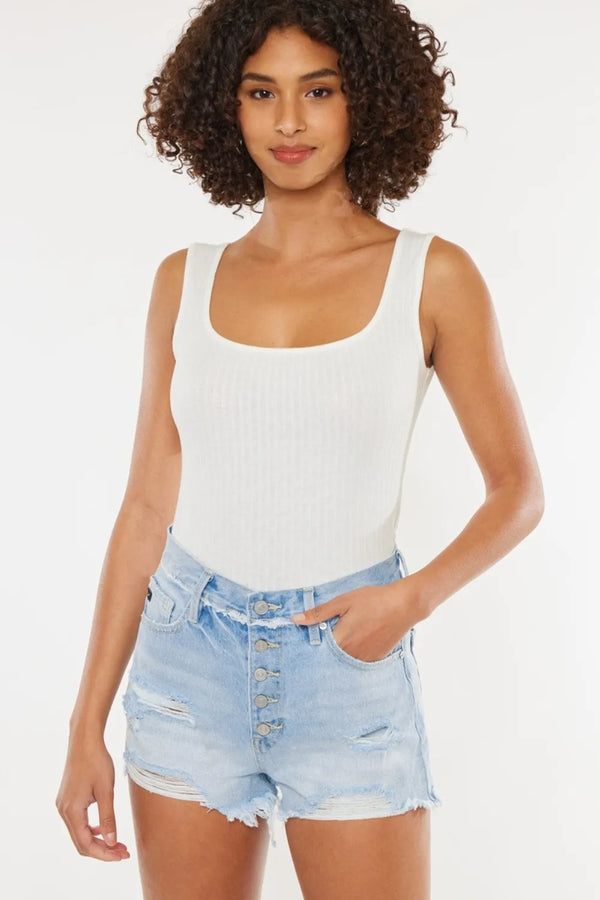 Distressed Button-Fly Denim Shorts