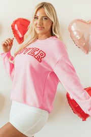 Relaxed roomy fit pink LOVER drop shoulder pullover sweatshirt