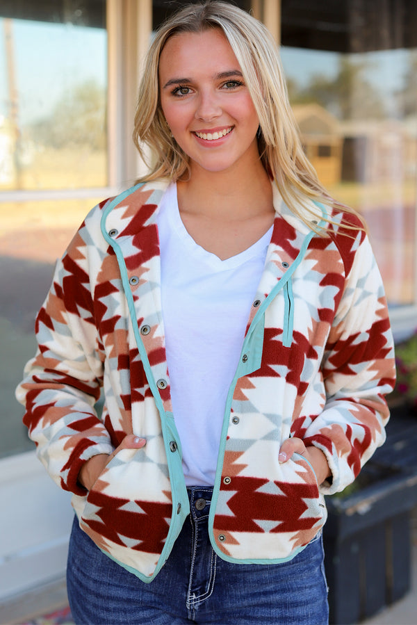 Fleece Jacket in Fiery Red Western Aztec Print with Zipper & Pockets