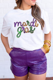 White Sequin Mardi Gras graphic tee with shiny sequin lettering on a crisp white base