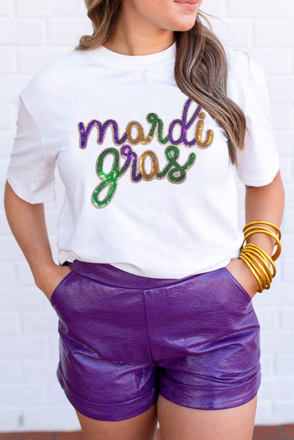 Graphic Tee — White Sequin Mardi Gras T-Shirt