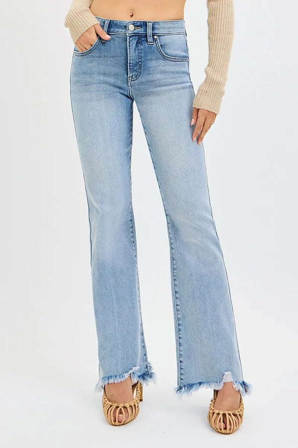 Fray Hem Mid-Rise Tummy Control Flare Jeans