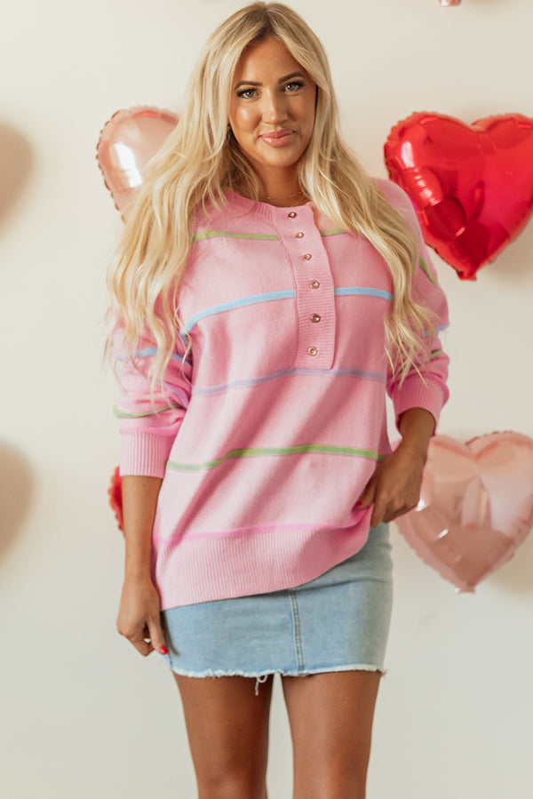 Oversized Sweater in Pink Rainbow Stripes — Drop-Shoulder Baggy Henley