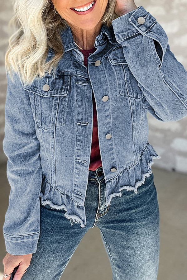 Blue Denim Jacket with Ruffle Trim & Raw Hem — Beau Blue