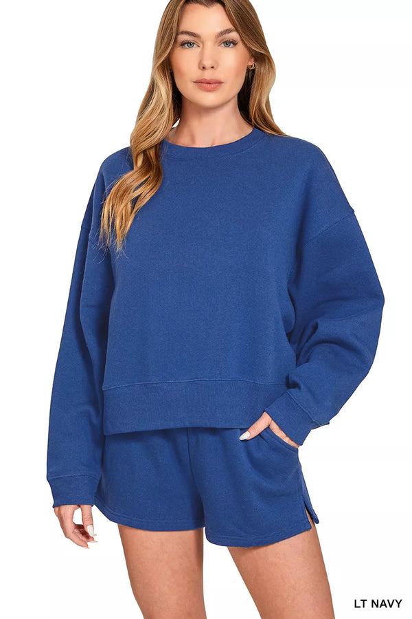Cozy Fleece Round Neck Sweatshirt and Shorts Set