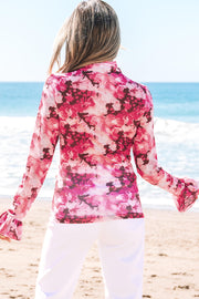 Rose floral flounce sleeve blouse showing sheer mesh fabric detail