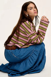 Relaxed shift fit waffle top with clashing stripes and raw cut hem